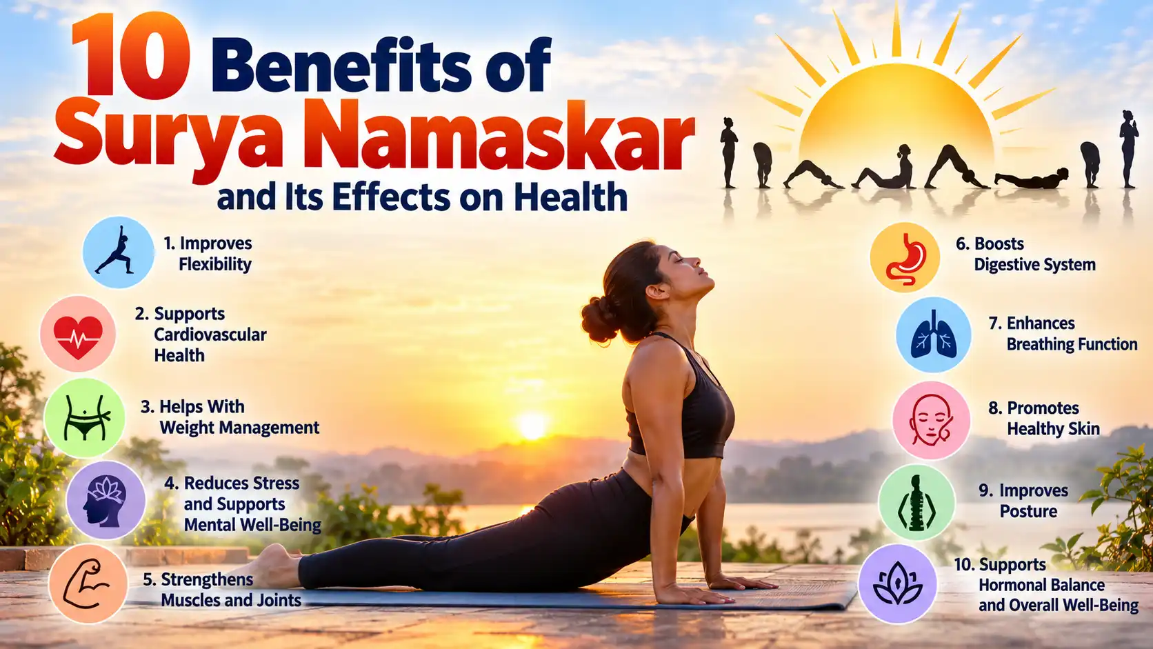 Infographic showing 10 benefits of Surya Namaskar, including flexibility, cardiovascular health, stress relief, and improved posture.