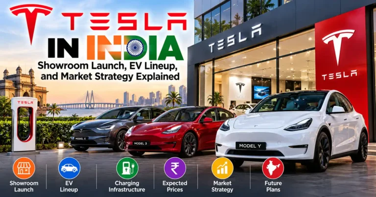 Tesla Model Y electric car outside a Tesla showroom in India