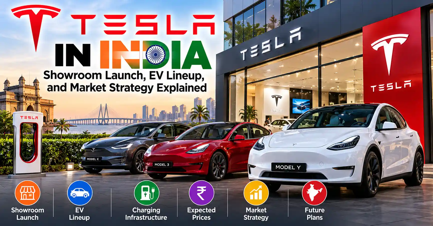 Tesla Model Y electric car outside a Tesla showroom in India