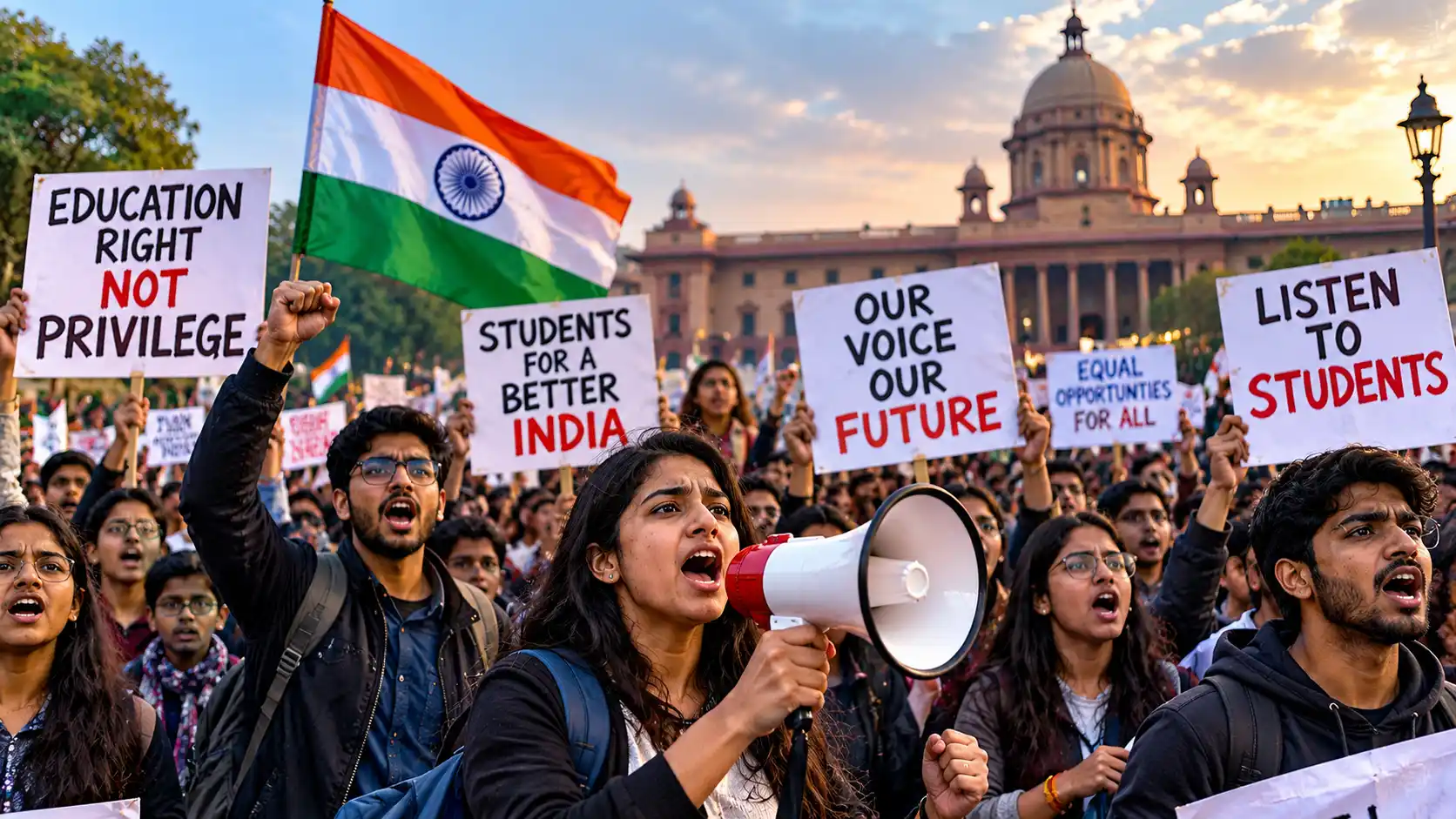 Indian students protesting for education rights and equal opportunities