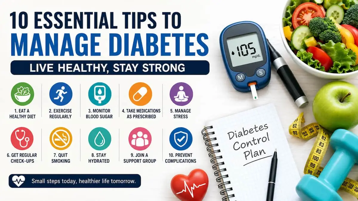 Infographic showing 10 essential tips to manage diabetes