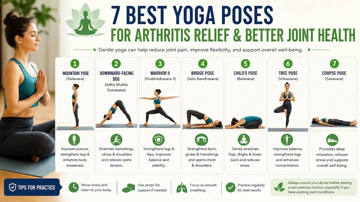 Infographic showing seven yoga poses for arthritis relief and joint health