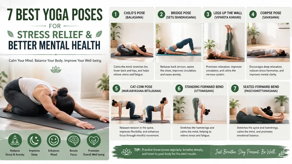 Infographic showing 7 best yoga poses for stress relief