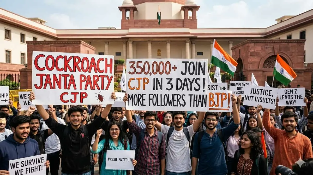 A diverse group of young Indian protesters smiling and demanding accountability