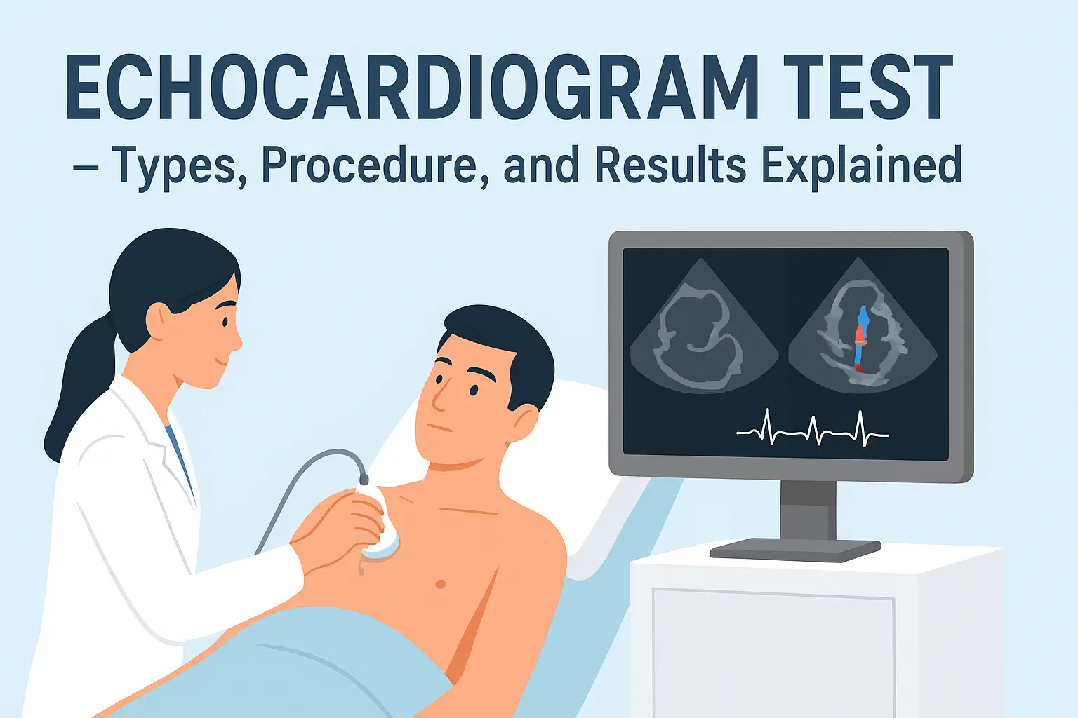 Echocardiogram test procedure showing ultrasound imaging of the heart