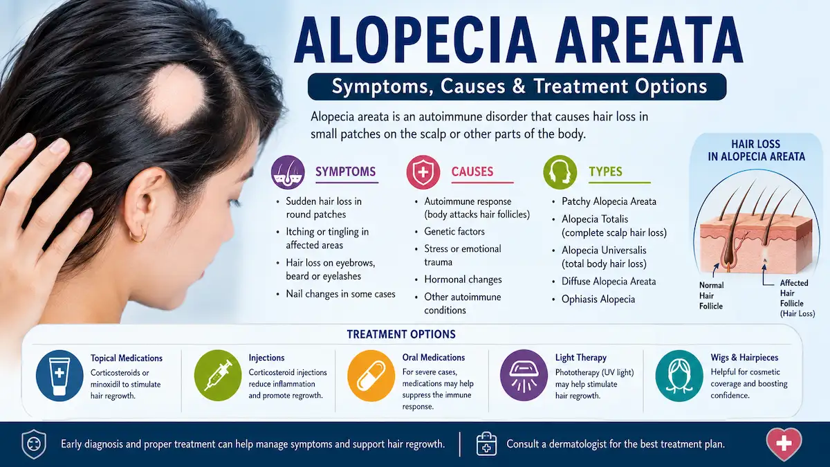 Illustration showing patchy hair loss caused by alopecia areata with scalp, hair follicles