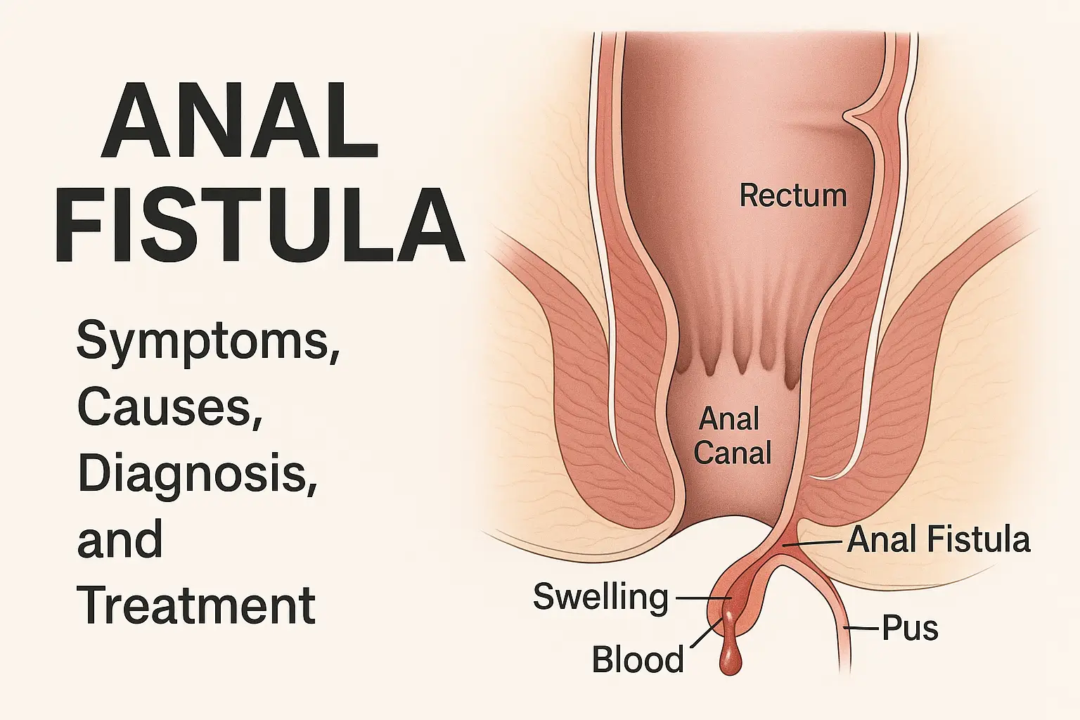 Illustration showing the anatomy and common symptoms of anal fistula in adults
