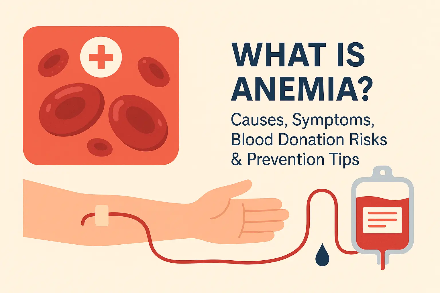 Blood donation and anemia awareness - illustration showing red blood cells and medical care
