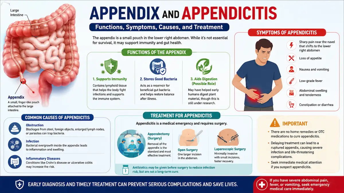 Doctor explaining appendicitis symptoms and appendix location in the human digestive system.