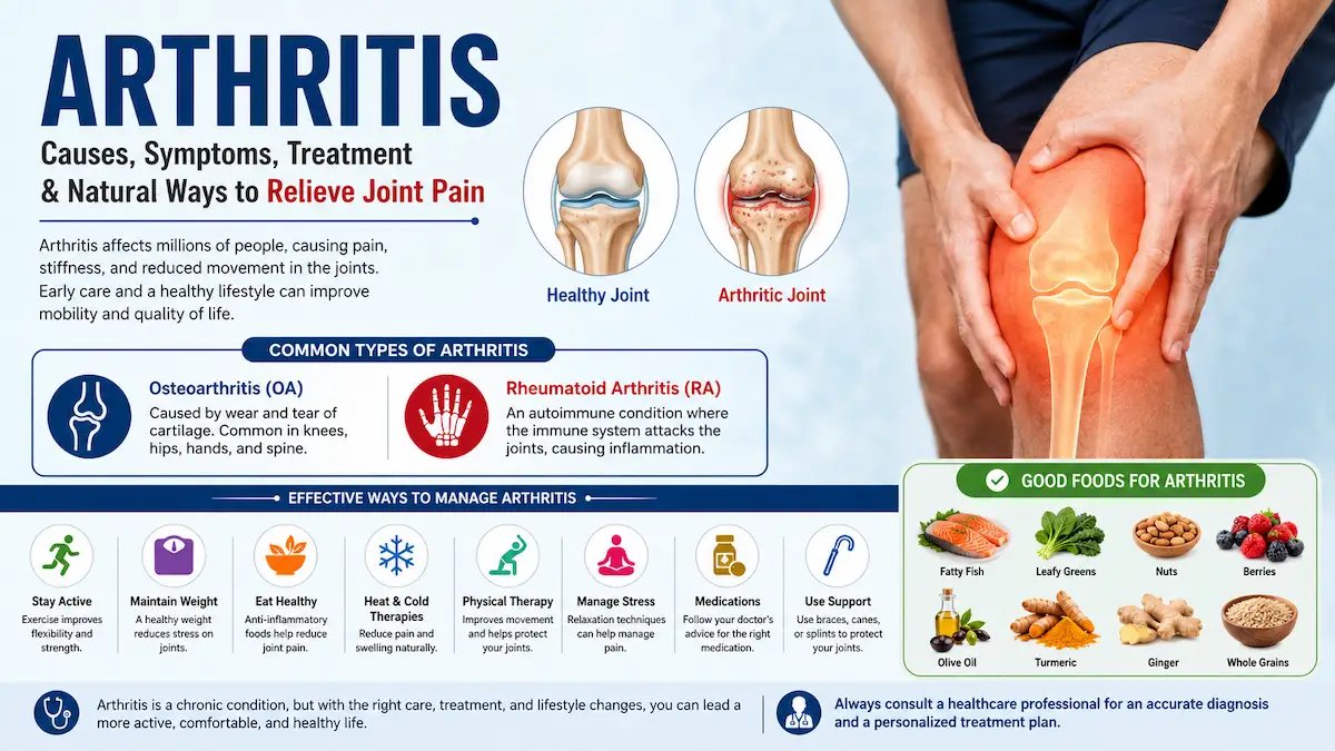 Illustration showing inflamed knee joints with arthritis symptoms and treatment options