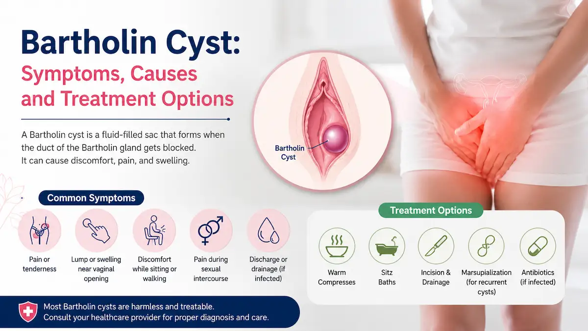 Medical illustration showing a Bartholin cyst near the vaginal opening