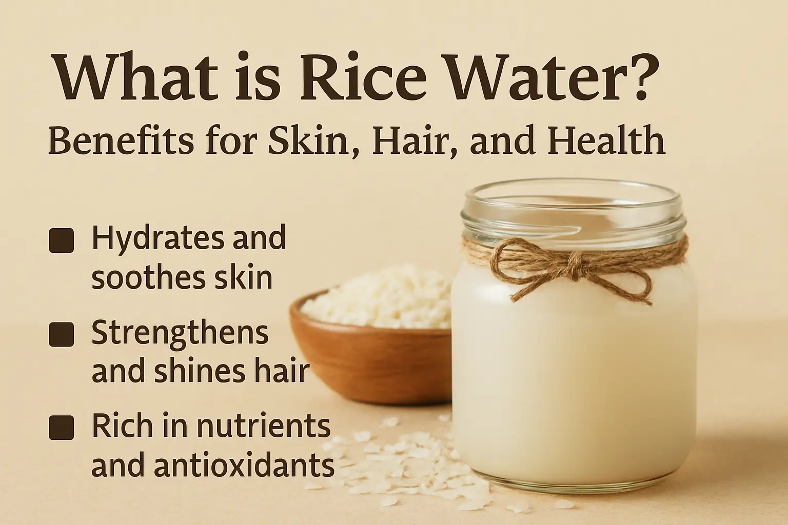 Homemade rice water stored in glass jar for skincare and haircare