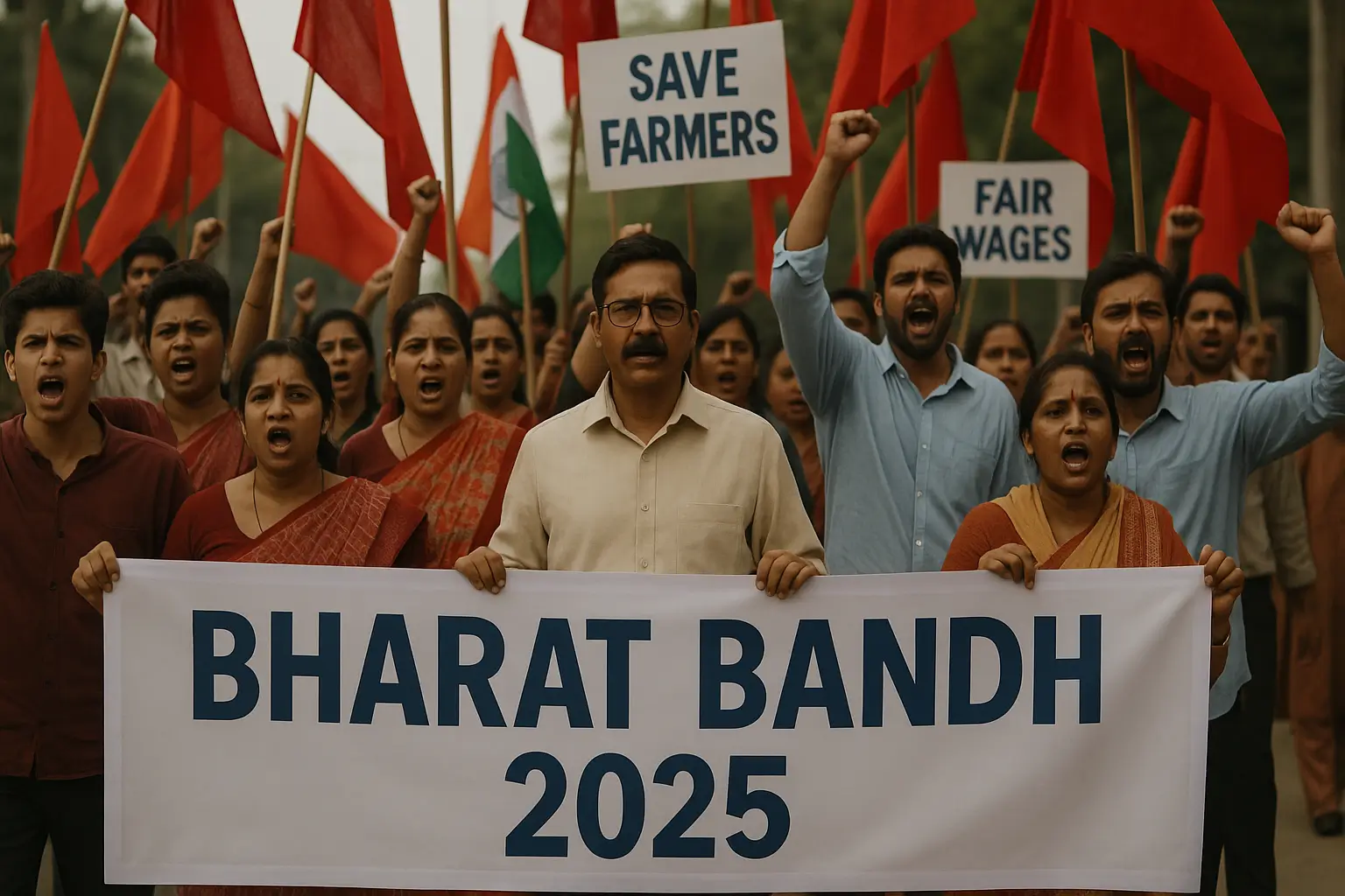 Protesters during Bharat Bandh 2025 in India carrying banners and flags