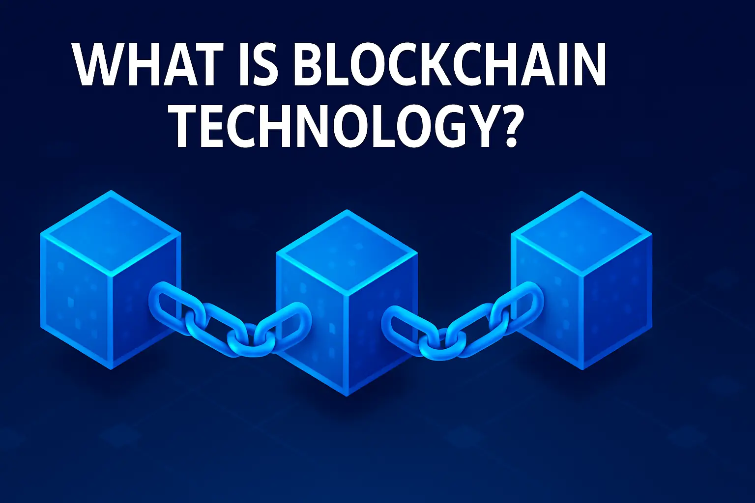 Illustration showing three glowing blue blocks connected by chains
