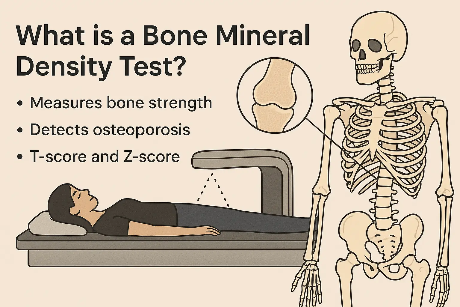 Illustration showing a woman undergoing a bone mineral density test using a DEXA scan machine
