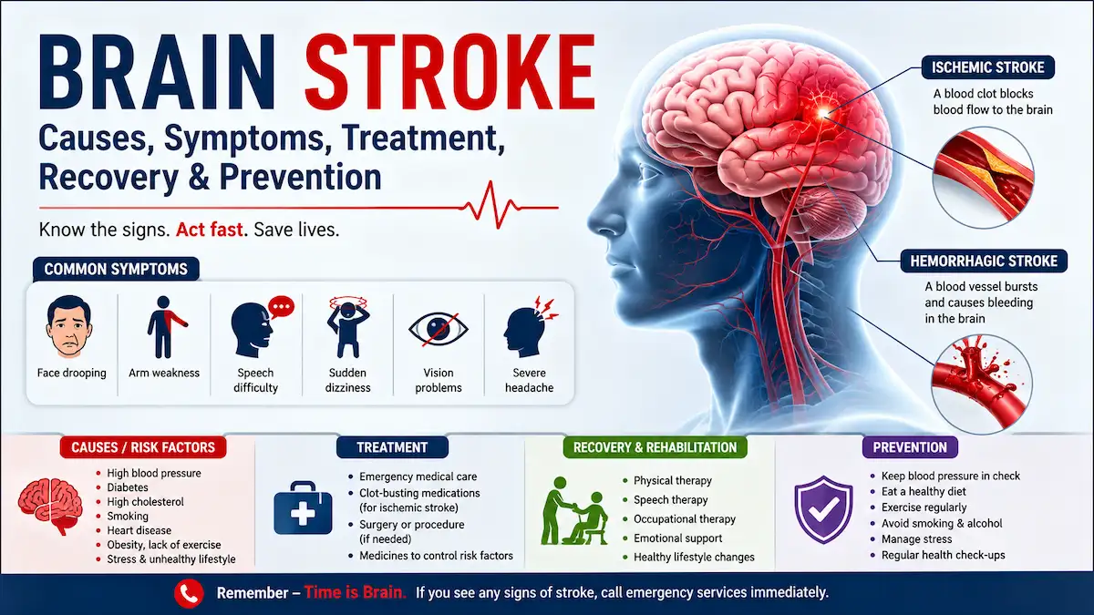 Brain stroke causes, symptoms, treatment and prevention illustration