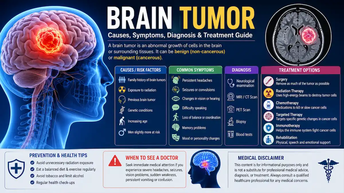 Illustration showing a human brain with a highlighted brain tumor