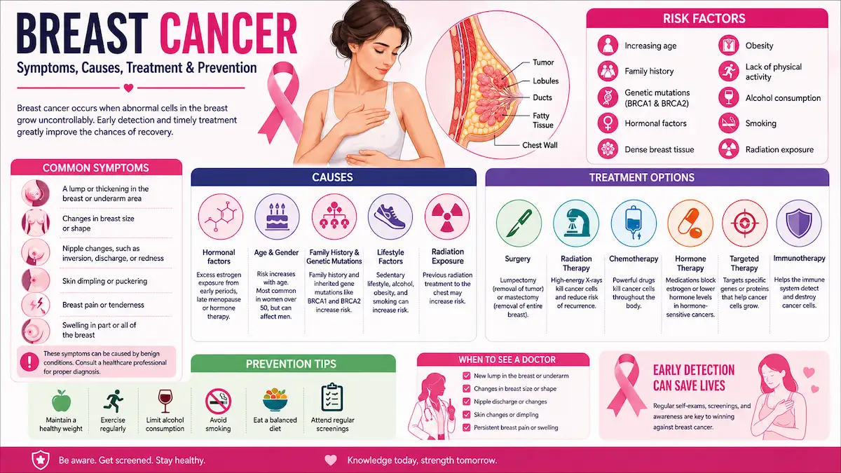 Medical illustration showing breast cancer symptoms