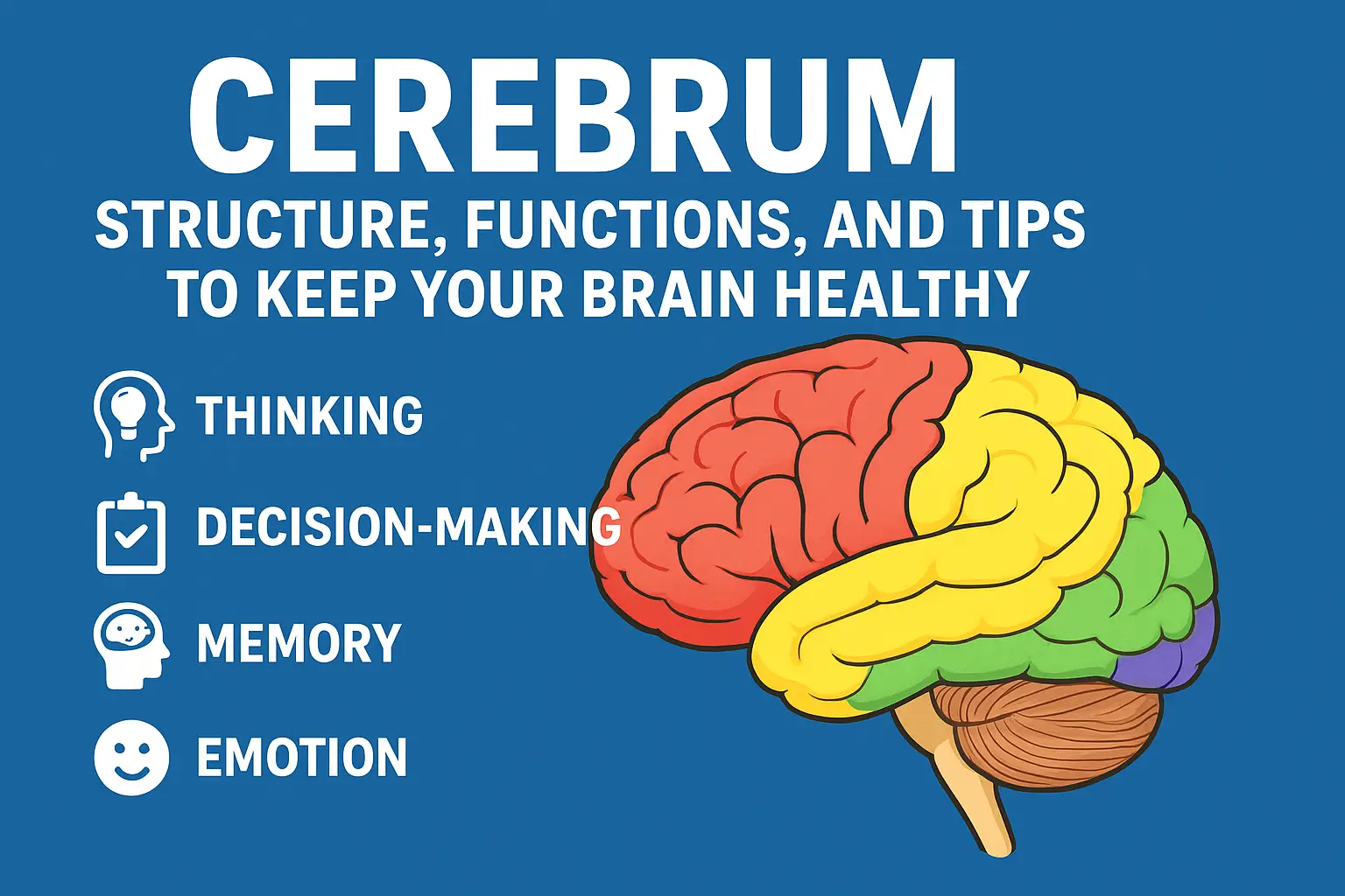 Diagram of the human cerebrum showing its four lobes with icons representing thinking