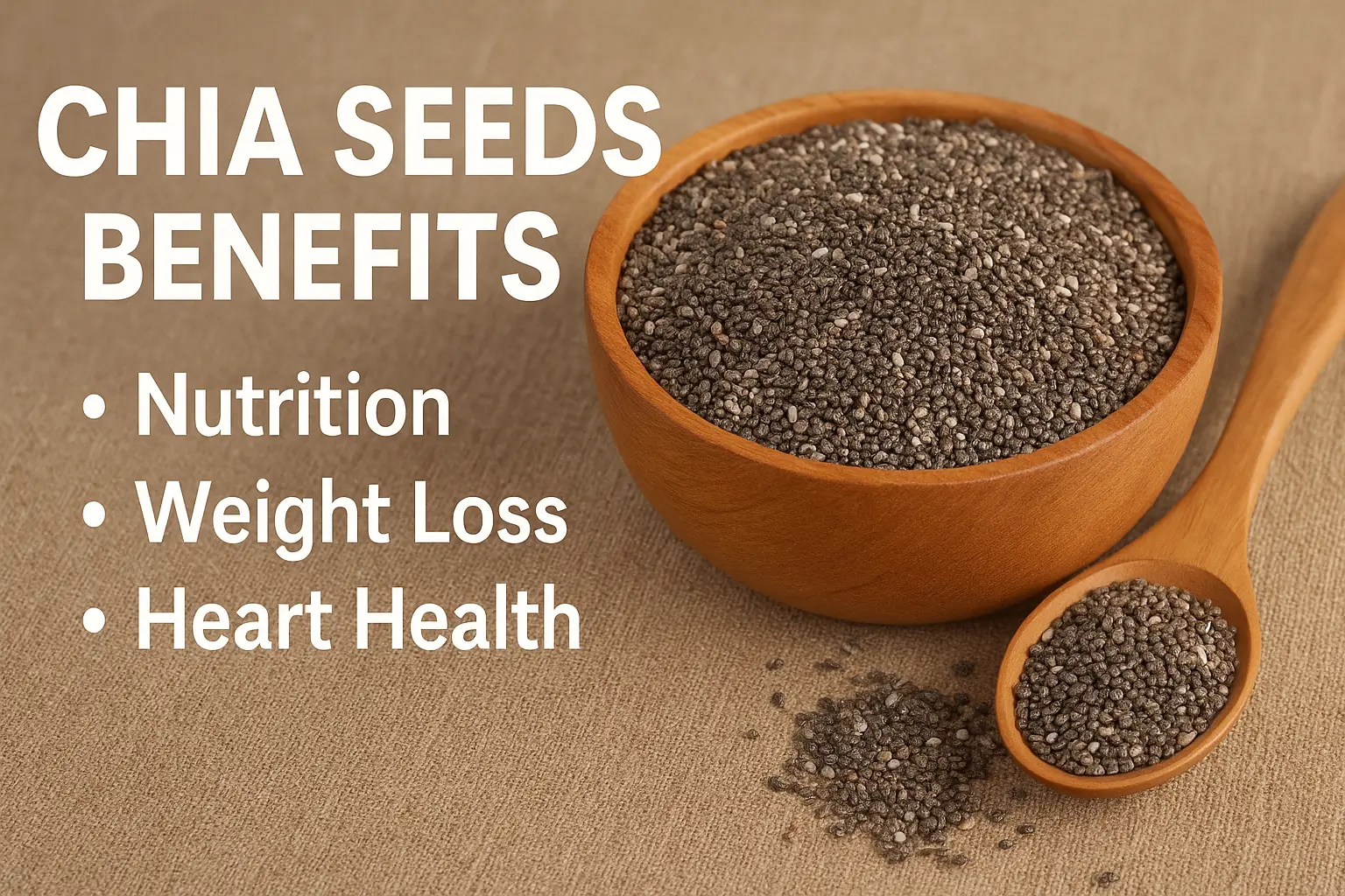 Chia seeds in a wooden bowl with spoon, showing their nutritional benefits for weight loss.