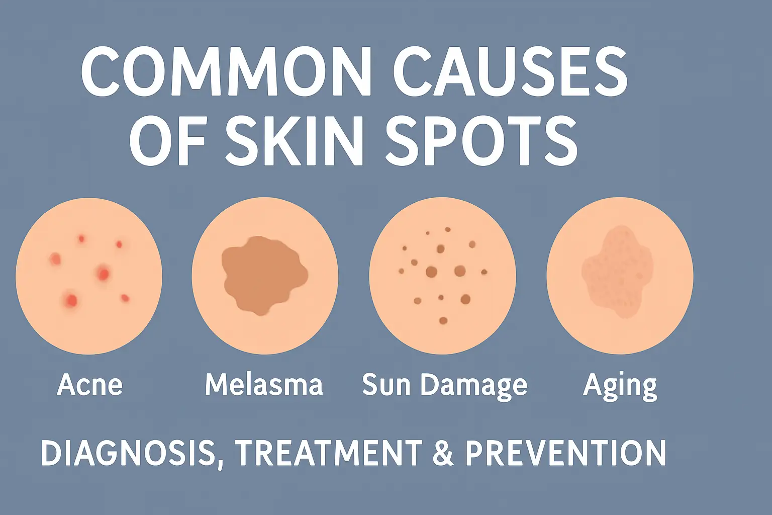 Illustration showing common causes of skin spots including acne, melasma, sun damage, and aging