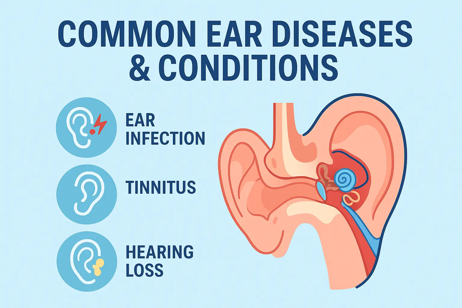 Common ear diseases and conditions including otitis media, tinnitus, hearing loss