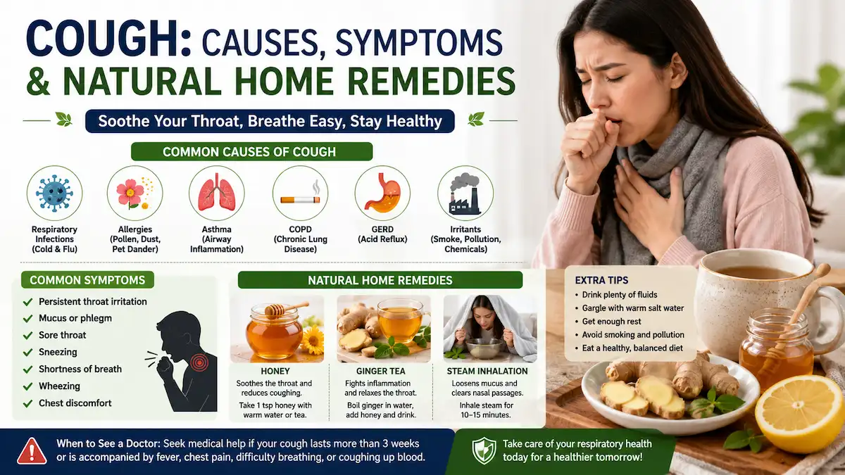 Natural home remedies for cough including honey, ginger tea, steam inhalation