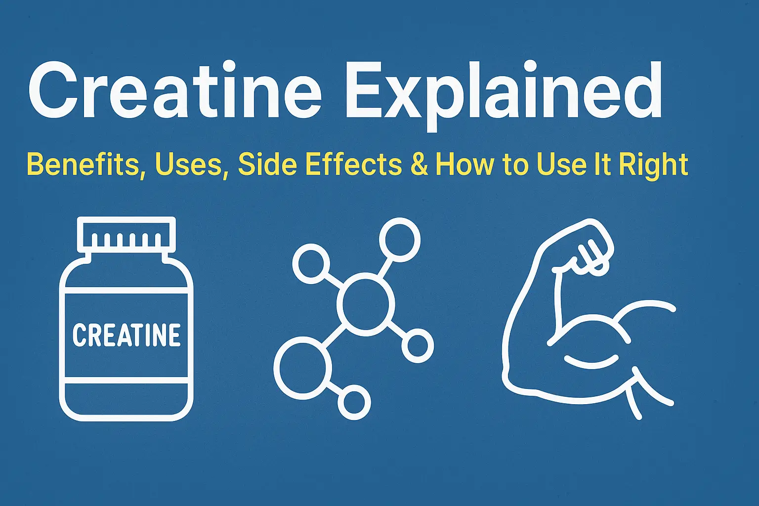 A visual guide showing a creatine supplement bottle, molecular structure