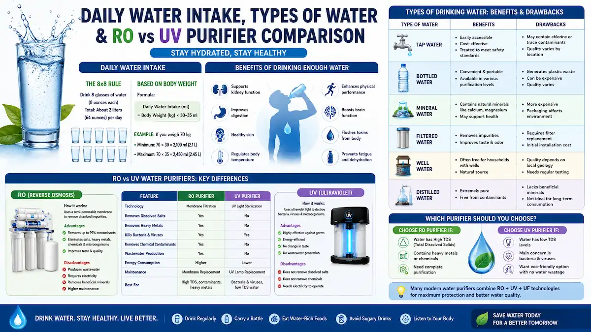 Daily water intake guide showing hydration benefits