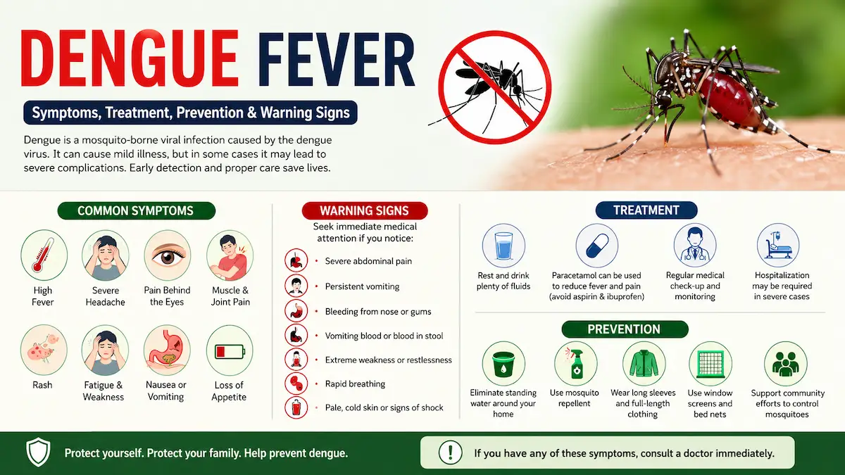Dengue fever symptoms, warning signs, treatment and prevention infographic