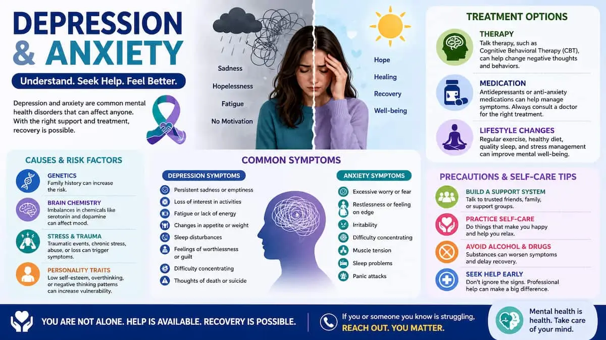 Illustration showing symptoms and treatment options for depression and anxiety