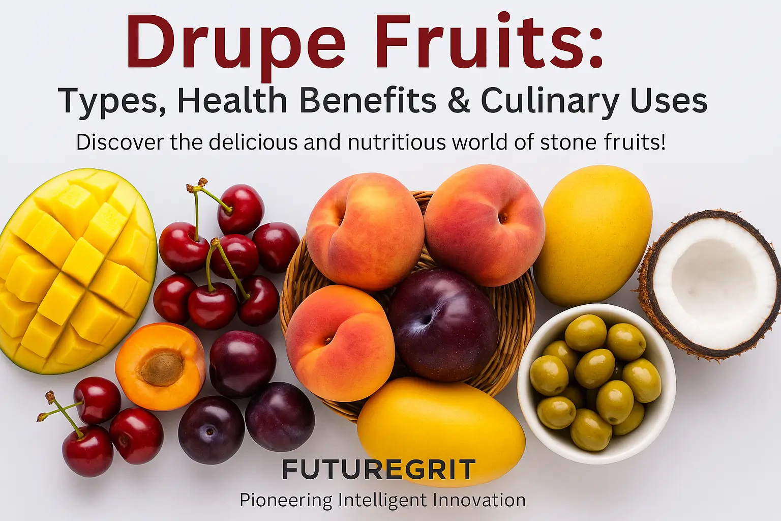 Assorted drupe fruits like peaches, cherries, plums, and olives in a basket
