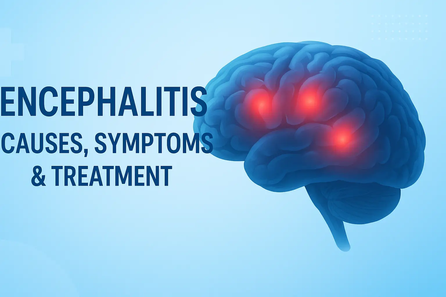 Illustration of human brain with red inflammation spots, representing encephalitis causes & symptom
