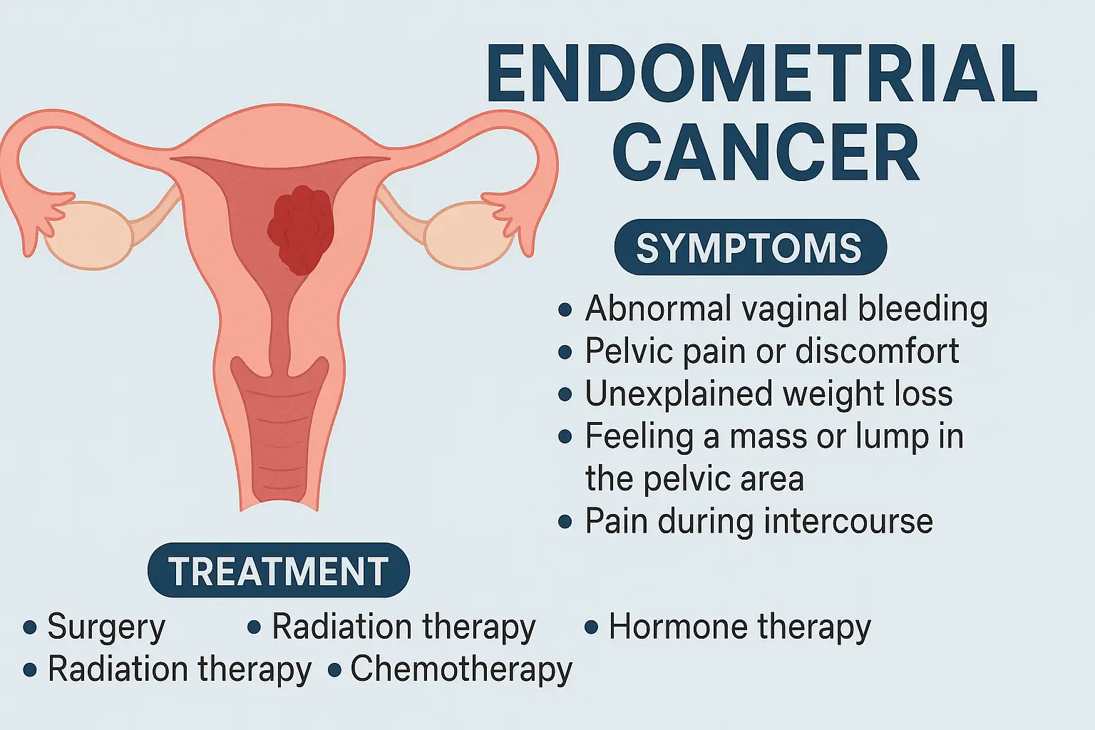 Illustration showing symptoms and treatment options for endometrial (uterine) cancer in women