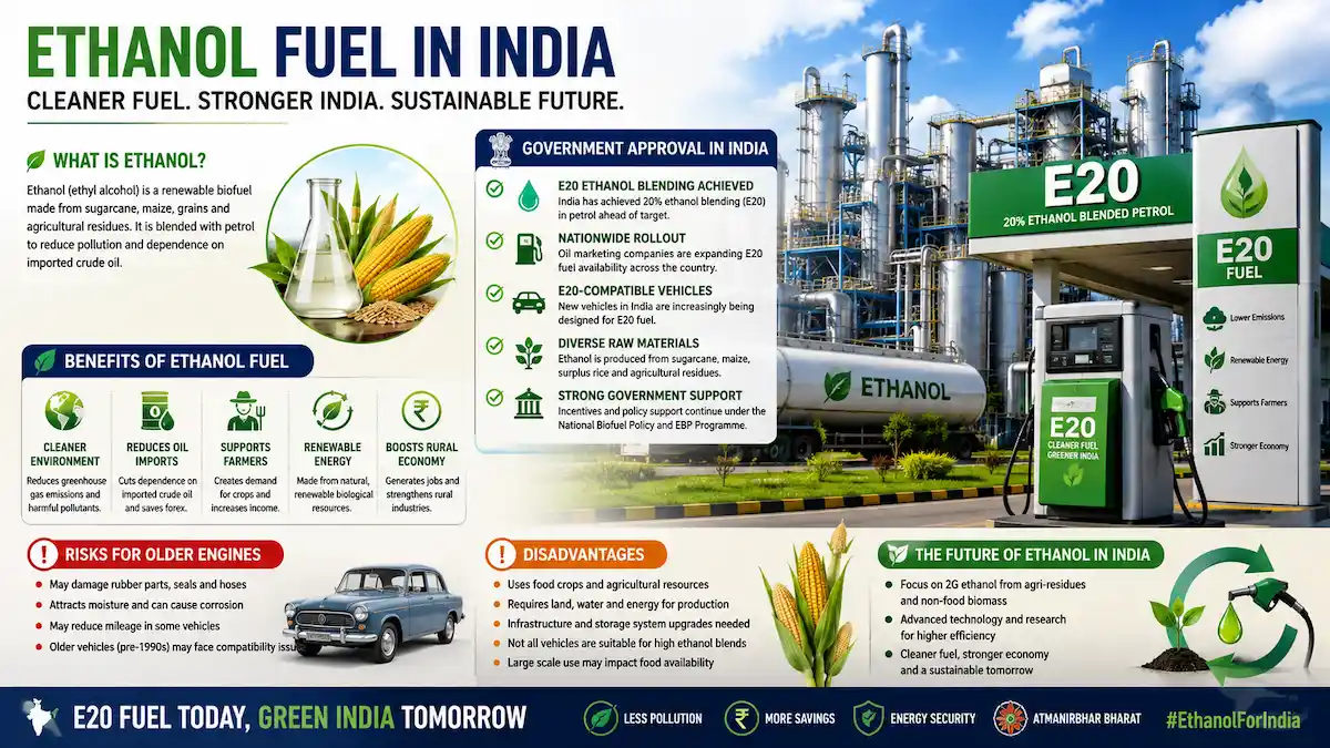 Ethanol fuel production plant with E20 petrol pump