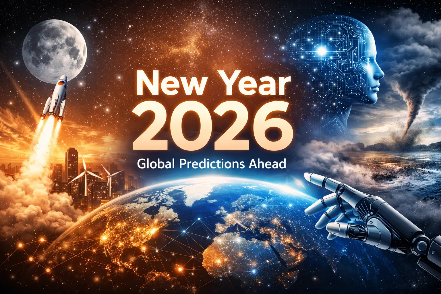 New Year 2026 global predictions showing technology, climate, space exploration and world trends