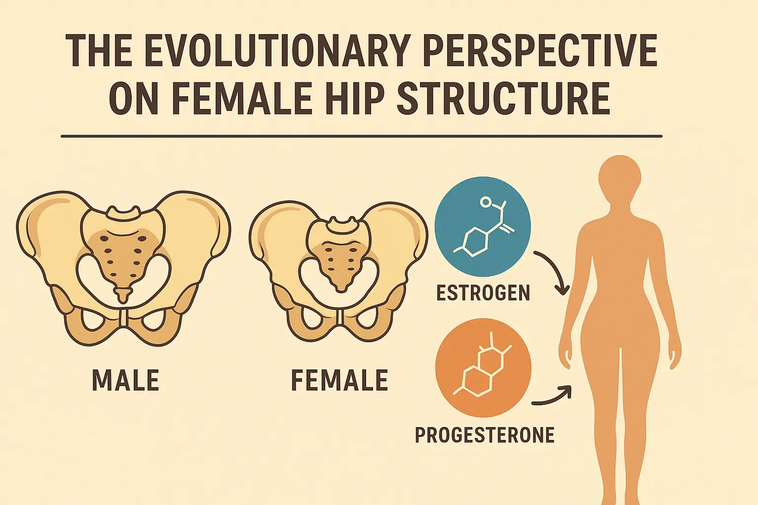 Anatomical comparison of male and female hip structures showing evolutionary differences.
