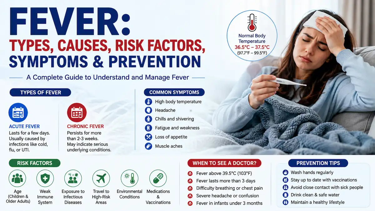 Infographic explaining fever types, causes, symptoms, risk factors, prevention tips