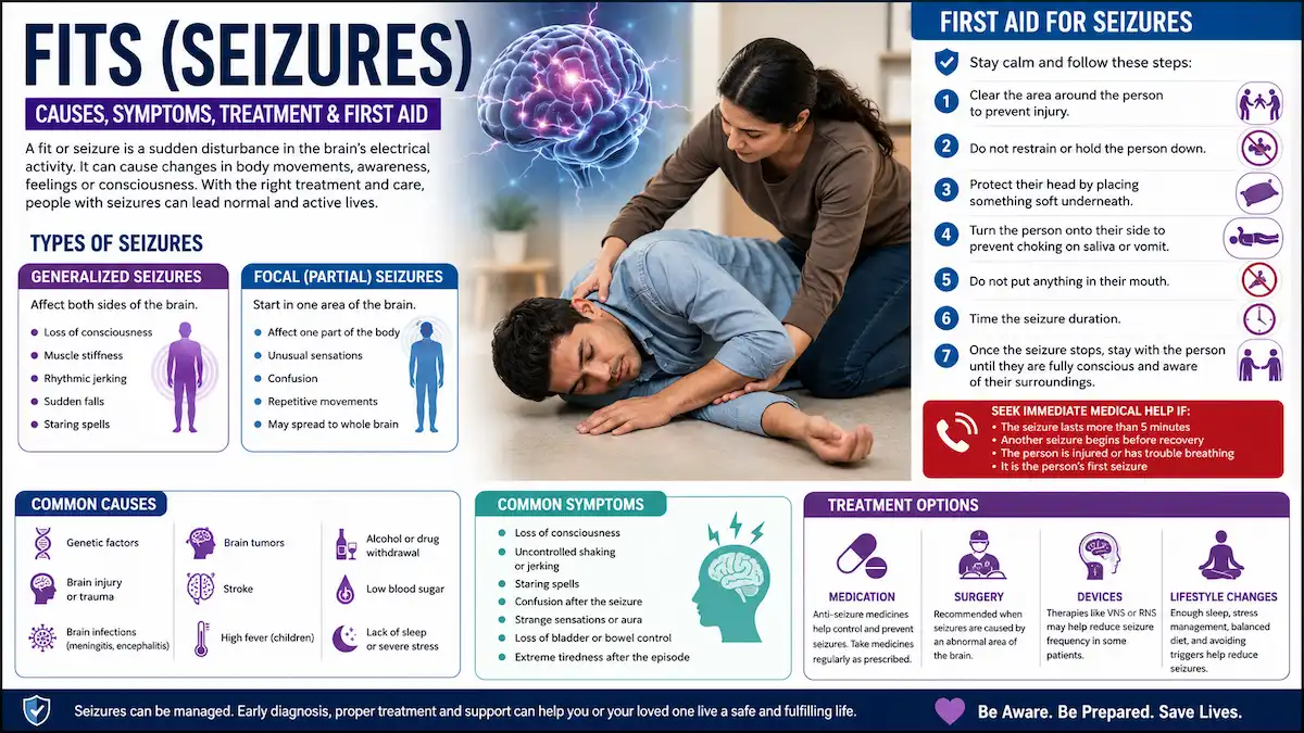 Illustration showing a person experiencing a seizure with first aid steps