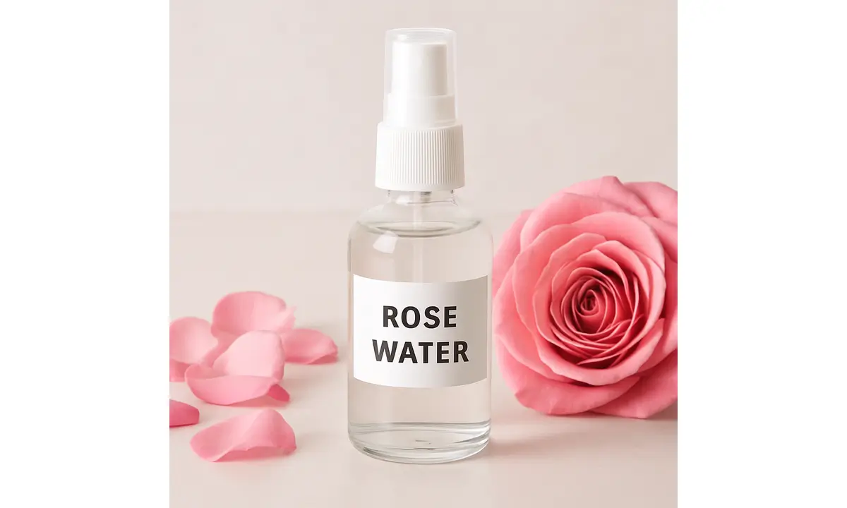 Spray bottle with rose water used for skincare