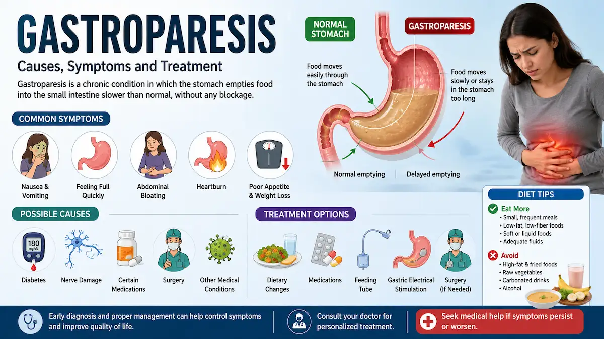 Illustration showing gastroparesis with delayed stomach emptying