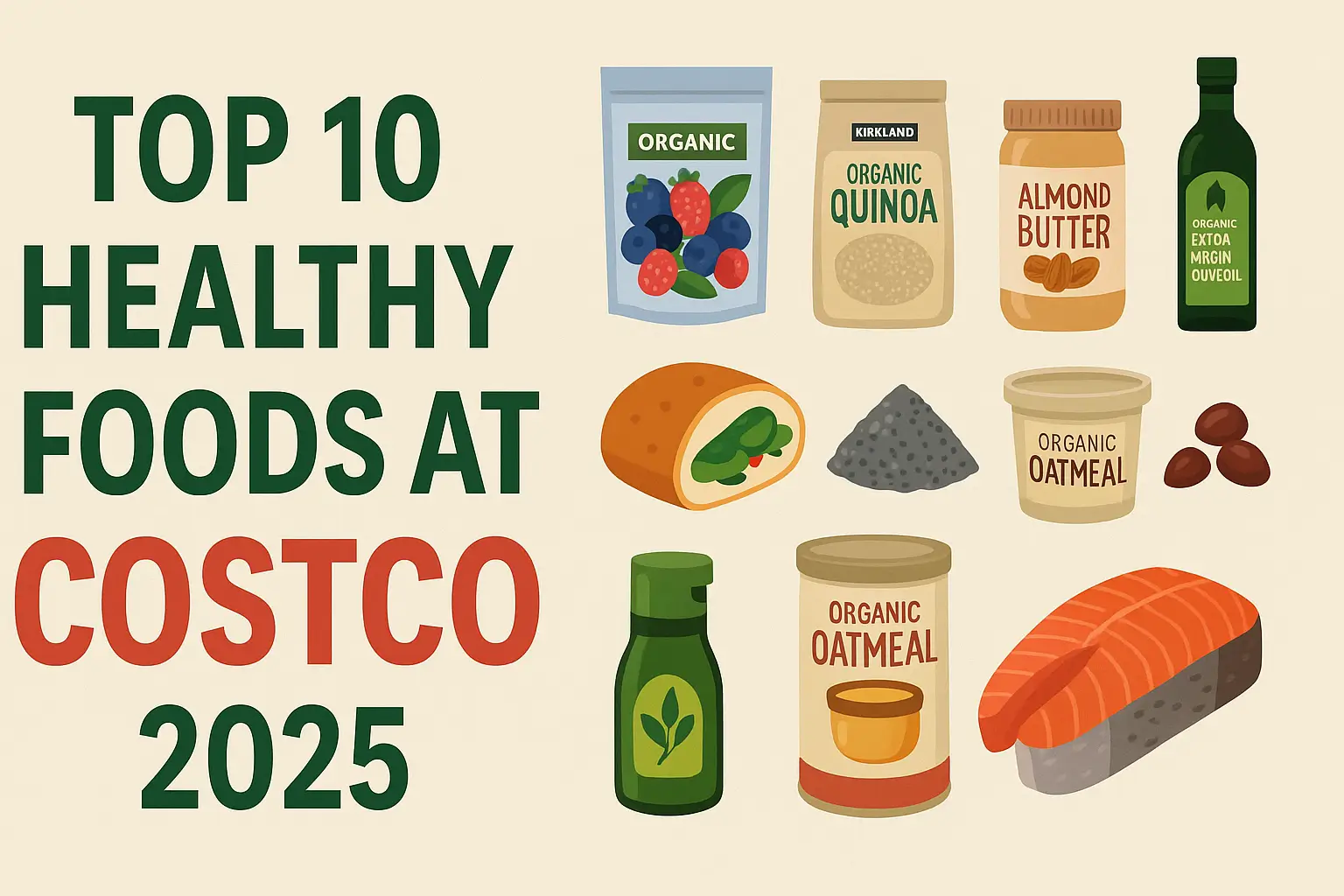 Illustration of the best healthy foods to buy at Costco in 2025, including berries, quinoa, salmon, 