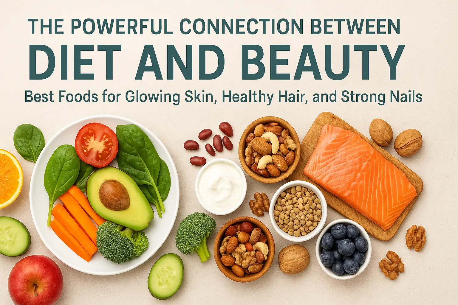 Balanced diet plate with fruits, vegetables, and nuts supporting natural beauty and skin health