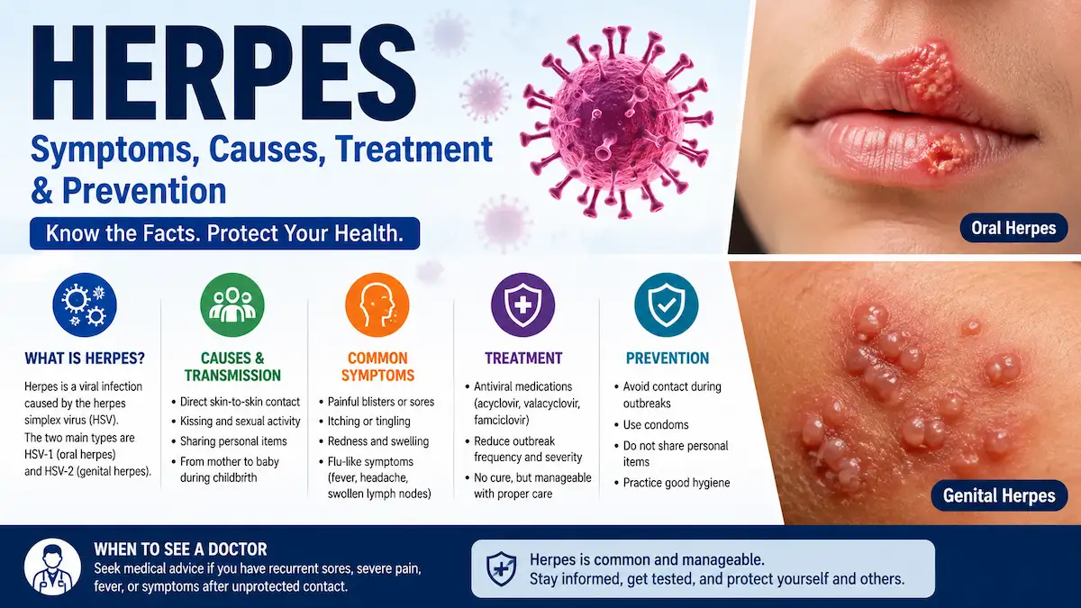 Herpes symptoms, including oral and genital herpes sores and blisters