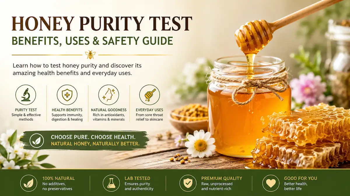 Pure natural honey in a glass jar with honey dipper showing honey purity test
