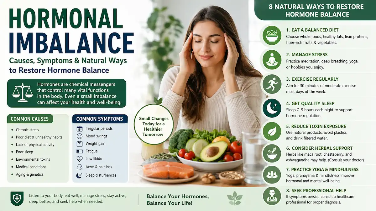 Illustration showing hormonal imbalance symptoms and natural ways to restore hormone