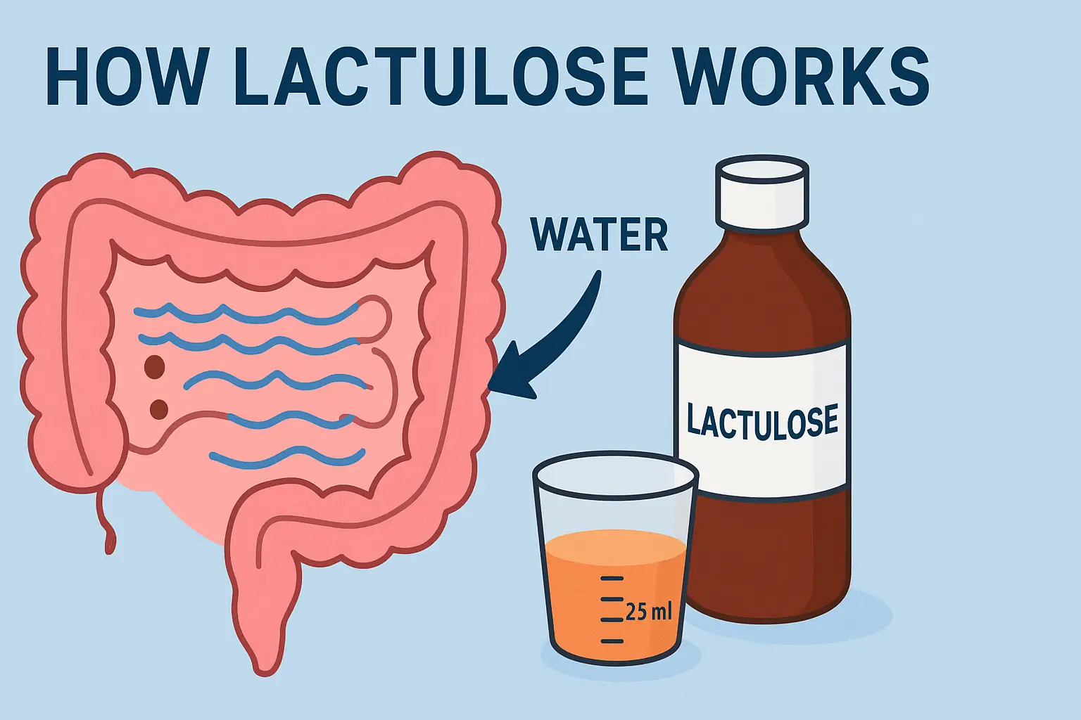 Illustration showing how lactulose works: a diagram of the large intestine with water movement .