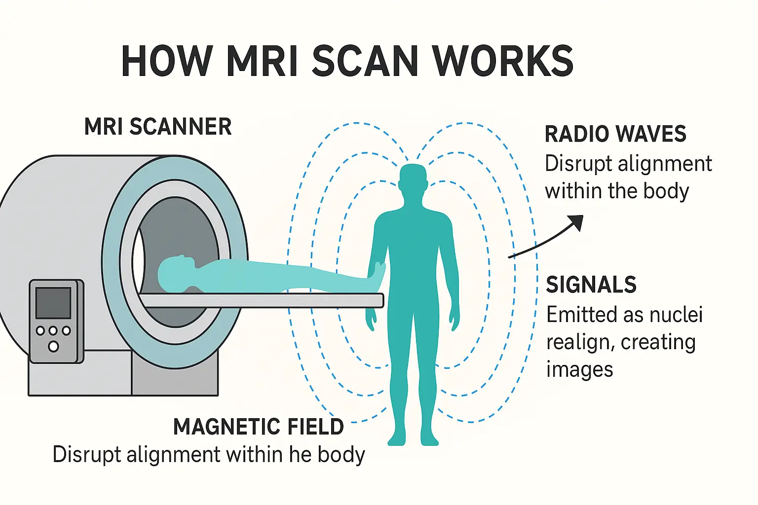 Illustration showing how an MRI scan works with labeled components and magnetic field effects.