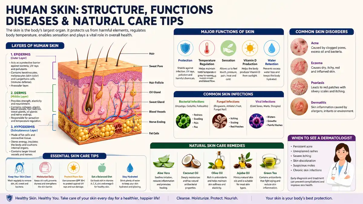 Diagram showing the epidermis, dermis, and hypodermis layers of human skin