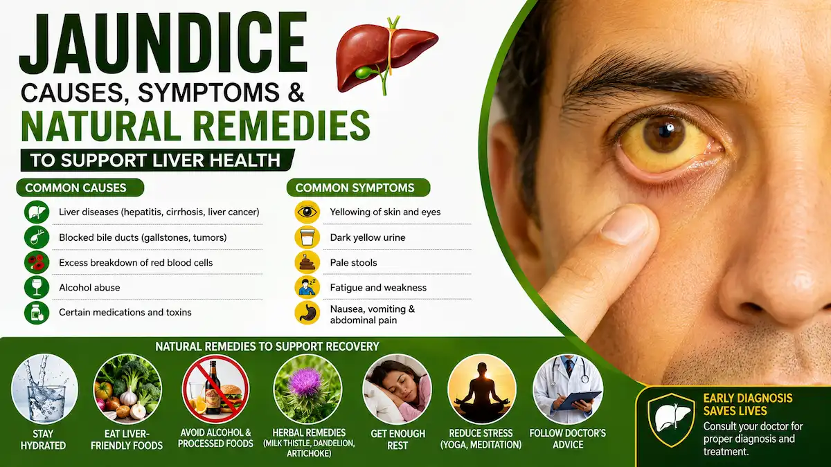 infographic showing yellow eyes, liver illustration, common causes, symptoms